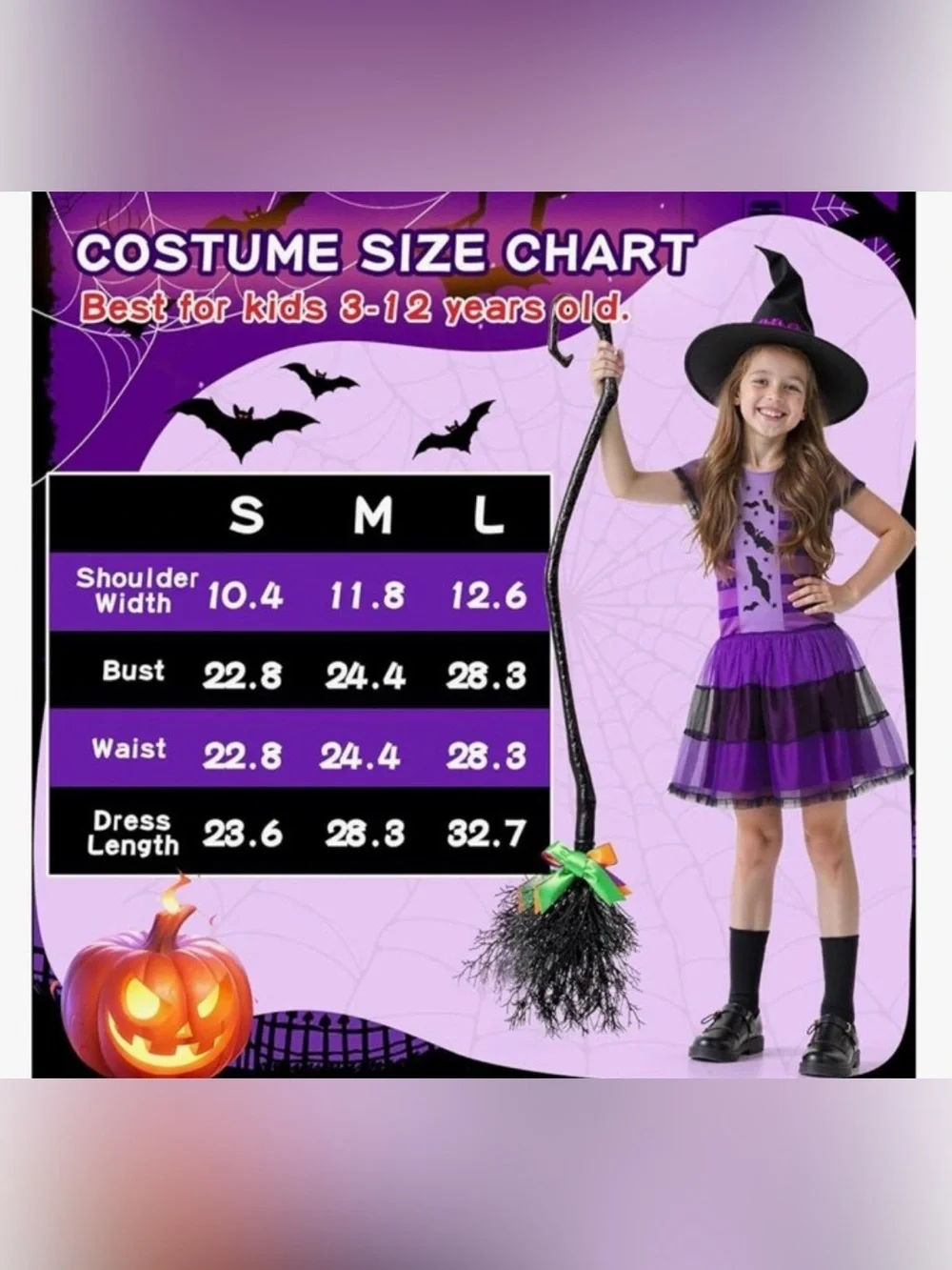 NWT Kids Medium (5/6) Purple Witch Costume Dress with Hat and Broom
